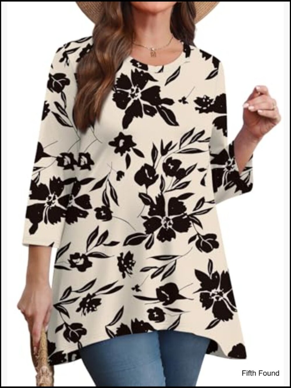 Loose Fit Tunic Top with 3/4 Sleeves Asymmetrical Hem Flowy Dressy Blouse S-4XL - Picture 3 of 7